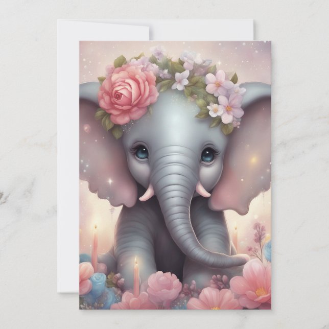 Cartão De Festividades Elefante Adorável para Bebês com Flores (Frente)