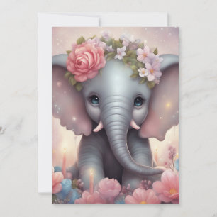 Cartão De Festividades Elefante Adorável para Bebês com Flores
