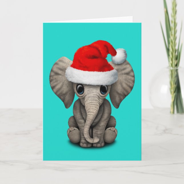 Cartão De Festividades Elefante bebê Vestindo um Chapéu Santa (Frente)