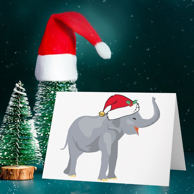 Cartão De Festividades Elefante branco de Natal bonito em Santa Hat (Criador carregado)