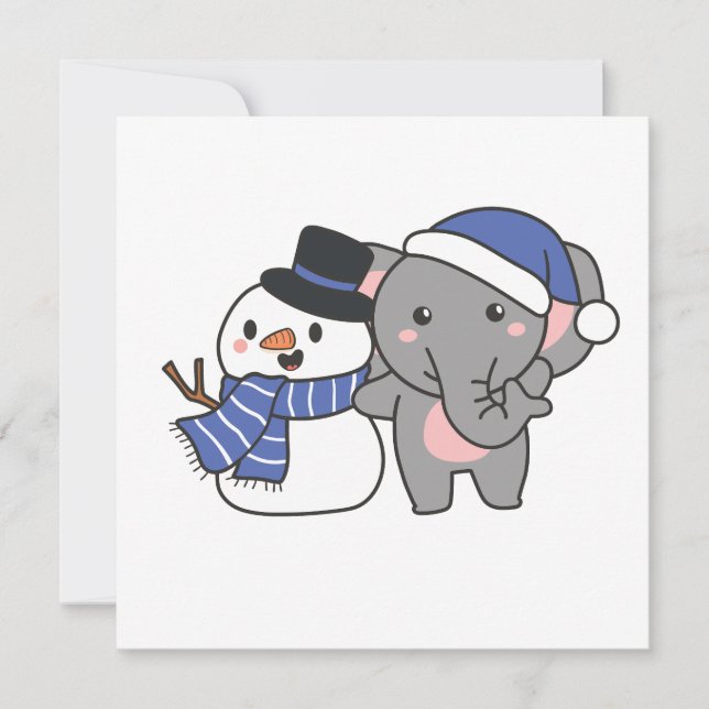 Cartão De Festividades Elefante Com Neve No Inverno Para O Natal (Frente)
