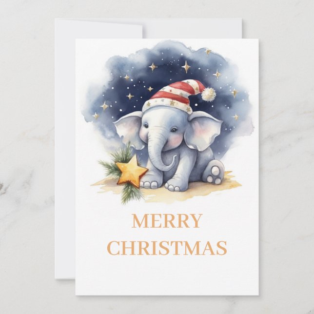 Cartão De Festividades Elefante de Aquarela de Natal Bonito (Frente)