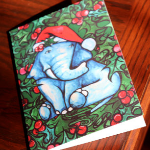Cartão De Festividades Elefante de Natal Holly Yule