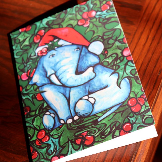 Cartão De Festividades Elefante de Natal Holly Yule (Criador carregado)