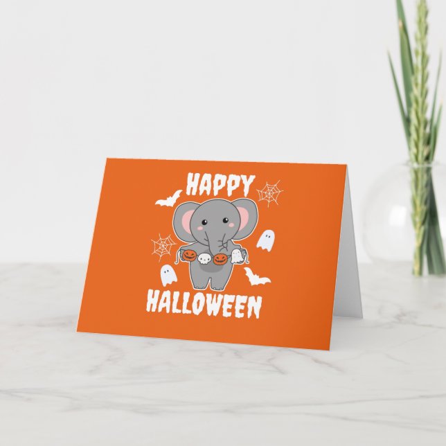 Cartão De Festividades Elefante Feliz Halloween Abóbora Fantasia de Morce (Frente)