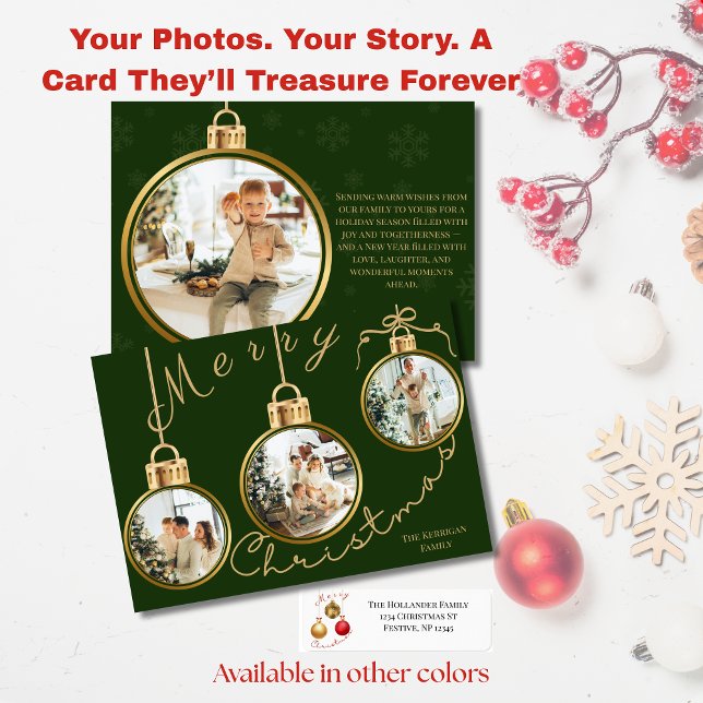 Cartão De Festividades Elegant 4 Photo Gold Ornament Christmas Card (Criador carregado)