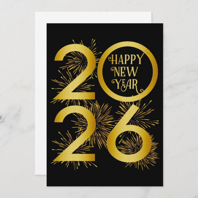 Cartão De Festividades Elegant Black and Gold 2026 New Year Greeting (Frente/Verso)
