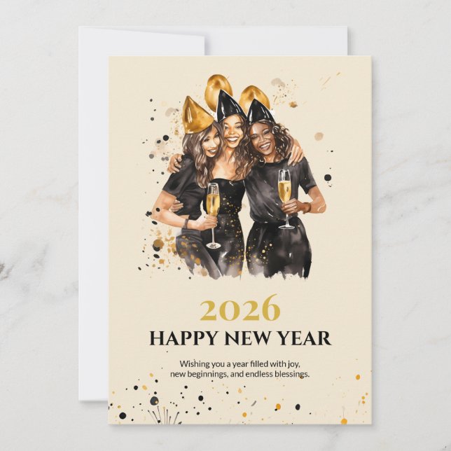 Cartão De Festividades Elegant Black and Gold New Year Greeting Card (Frente)