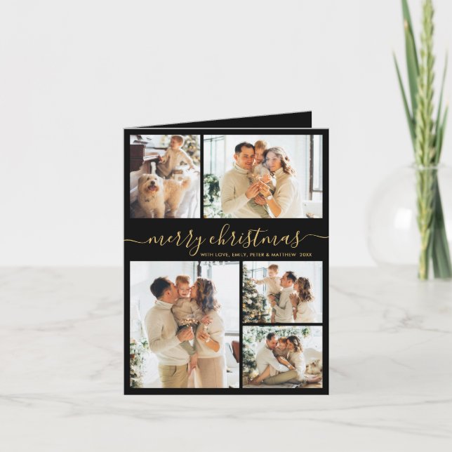 Cartão De Festividades Elegant Black Gold 5 Photo Collage Christmas  (Frente)