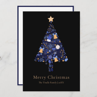 Cartão De Festividades Elegant Black Gold Blue Script Christmas Tree