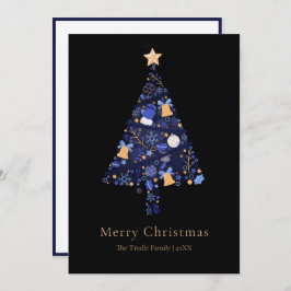 Cartão De Festividades Elegant Black Gold Blue Script Christmas Tree