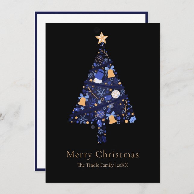 Cartão De Festividades Elegant Black Gold Blue Script Christmas Tree (Frente/Verso)