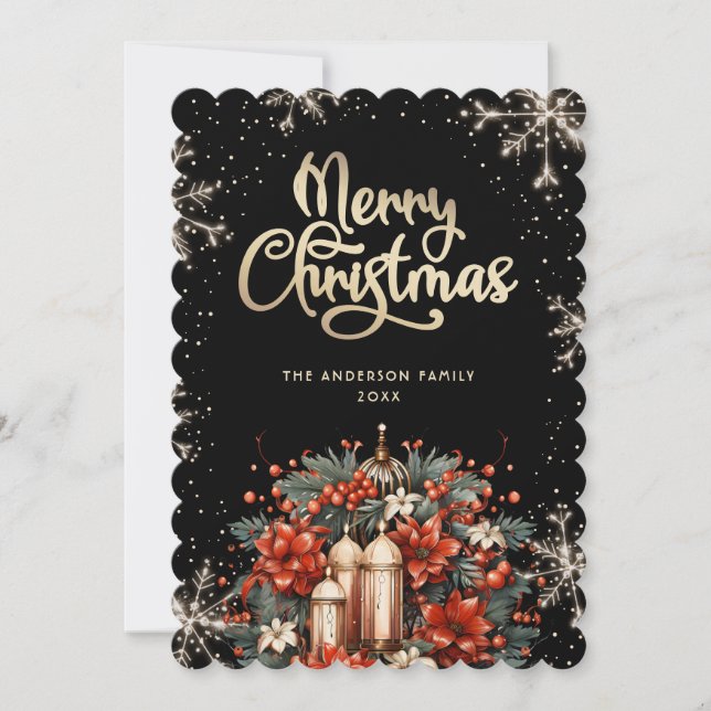 Cartão De Festividades Elegant Black Gold Botanical Christmas Card (Frente)