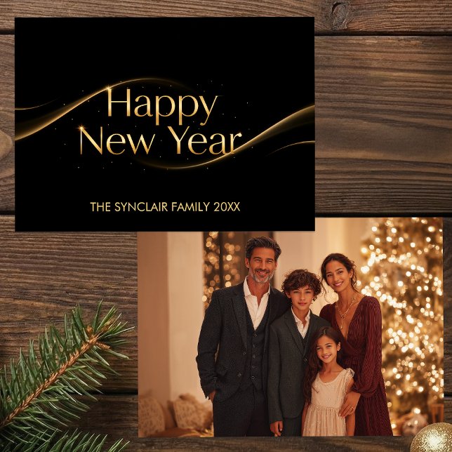 Cartão De Festividades Elegant Black Gold Happy New Year Family Photo Hol (Criador carregado)