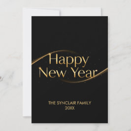 Cartão De Festividades Elegant Black Gold Happy New Year Family Photo Hol