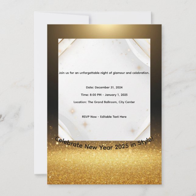 Cartão De Festividades Elegant Black & Gold New Year 2025 Invitation  (Frente)