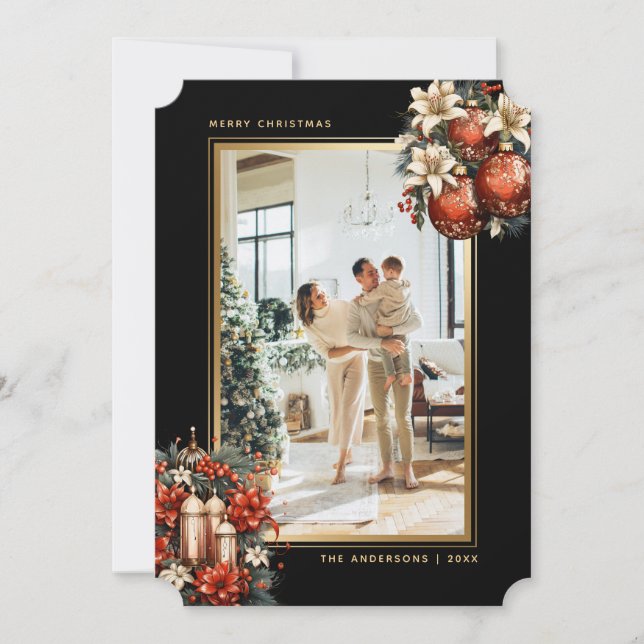 Cartão De Festividades Elegant Black Gold Ornaments Photo Christmas (Frente)