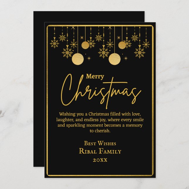 Cartão De Festividades Elegant Black & Gold Snowflake Merry Christmas  (Frente/Verso)