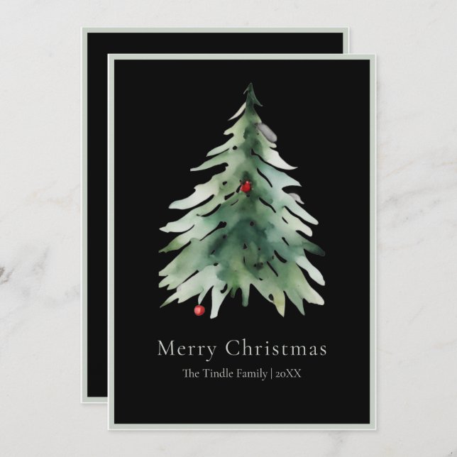 Cartão De Festividades Elegant Black Green Watercolor Christmas Tree (Frente/Verso)