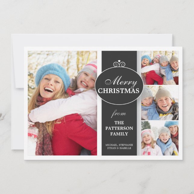 Cartão De Festividades Elegant  Black & White Ribbon 4 Photo Flat Card (Frente)