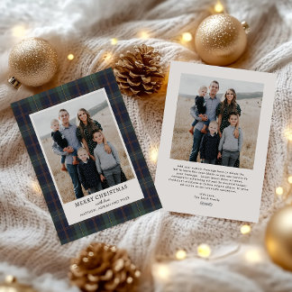 Cartão De Festividades Elegant Blue and Green Plaid Photo Christmas