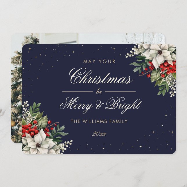 Cartão De Festividades Elegant Blue Botanical Photo Christmas (Frente/Verso)