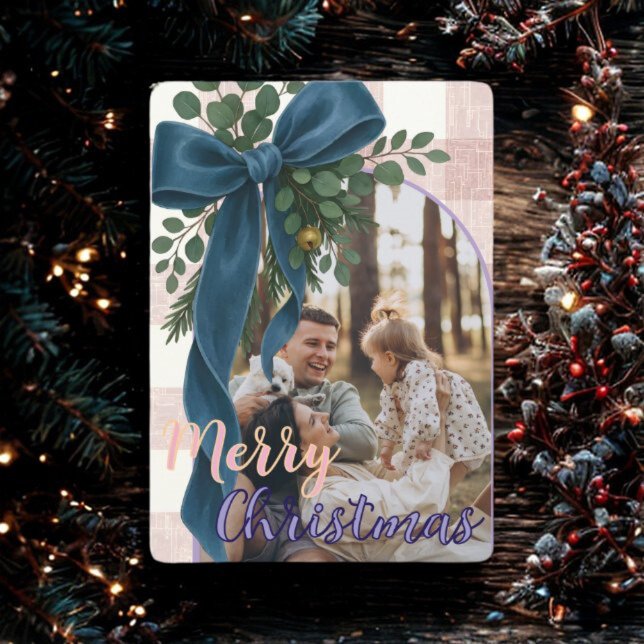 Cartão De Festividades Elegant Blue Bow Christmas Two Photo Holiday Card (Criador carregado)