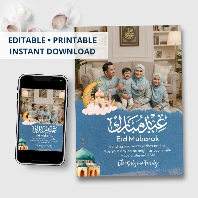 Cartão De Festividades Elegant Blue Eid Mubarak Family Photo Holiday Card (Criador carregado)