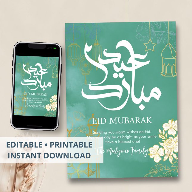 Cartão De Festividades Elegant Blue & Gold Floral Eid Mubarak Card (Criador carregado)