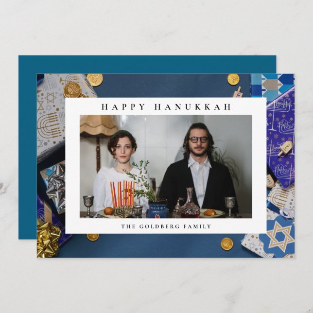 Cartão De Festividades Elegant Blue Happy Hanukkah Family 1 Photo (Frente/Verso)