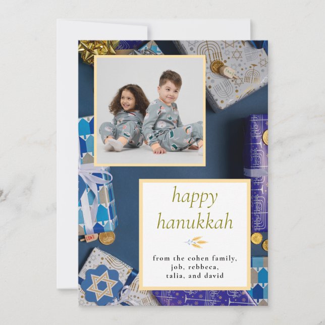 Cartão De Festividades Elegant Blue Happy Hanukkah Family 1 Photo (Frente)