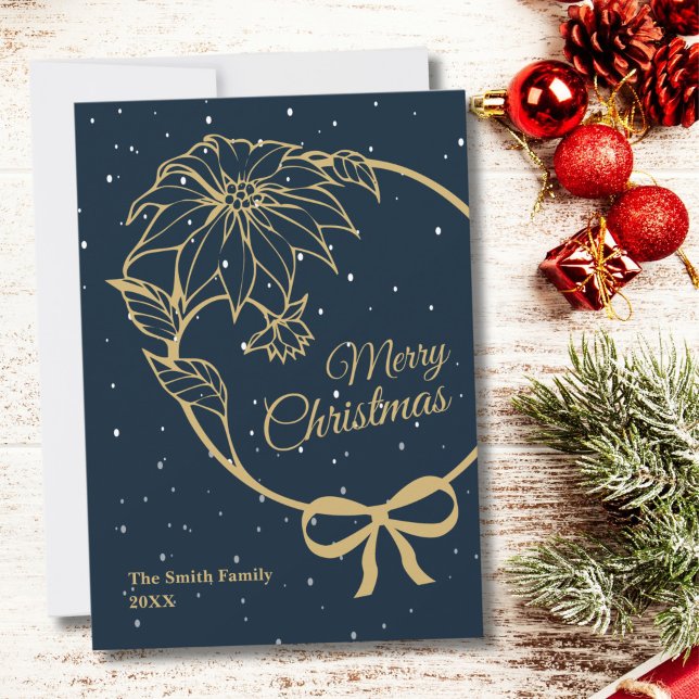 Cartão De Festividades Elegant Blue Merry Christmas Poinsettia Flat (Criador carregado)