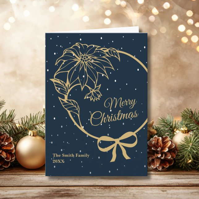 Cartão De Festividades Elegant Blue Merry Christmas Poinsettia Folded (Criador carregado)