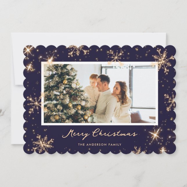 Cartão De Festividades Elegant Blue Snowflakes Photo Christmas Card (Frente)