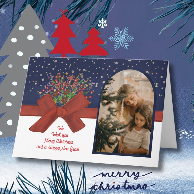 Cartão De Festividades Elegant Blue & White Photo Arch  Christmas Bow (Elegant Blue & White Photo Arch Christmas Bow Holiday Card)