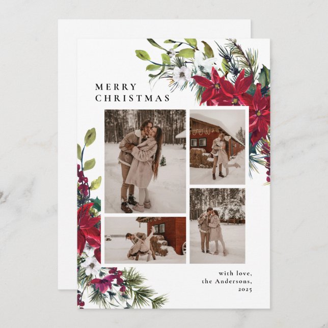 Cartão De Festividades Elegant Botanical Floral Photo Collage Christmas (Frente/Verso)