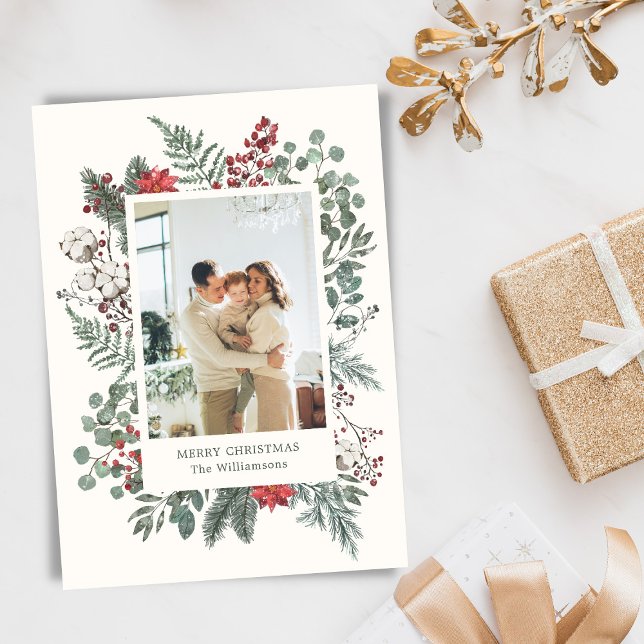 Cartão De Festividades Elegant Botanical Greenery Christmas Photo (Criador carregado)