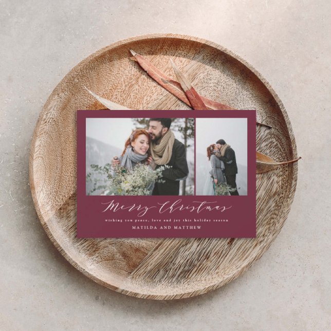 Cartão De Festividades Elegant burgundyl photo collage christmas script (Criador carregado)