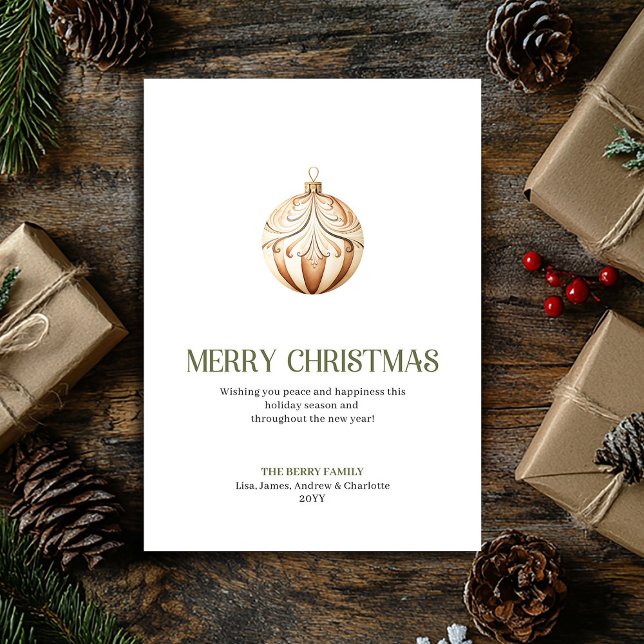 Cartão De Festividades Elegant Christmas ornament Card Neutral Gold Minim (Elegant Christmas Ornament Sage Minimal Holiday Card)