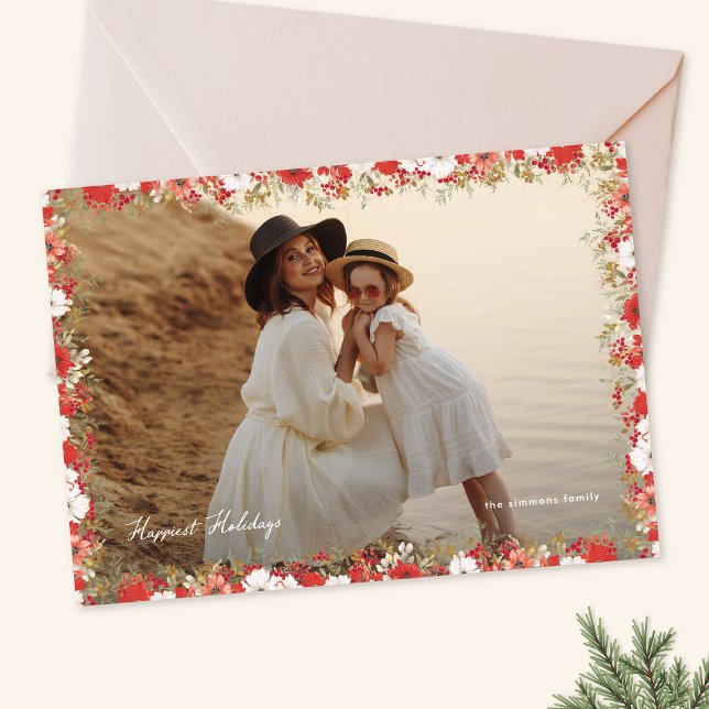 Cartão De Festividades elegant christmas photo floral frame happiest (Criador carregado)