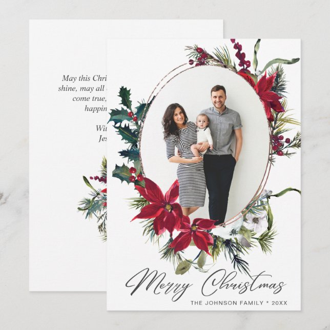 Cartão De Festividades Elegant Christmas Poinsettia Photo Greeting (Frente/Verso)