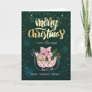 Cartão De Festividades Elegant Christmas Rosa Trenó Verde