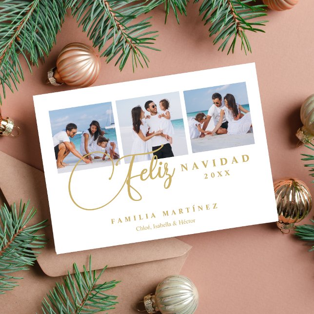 Cartão De Festividades Elegant Christmas Spanish Cute 3 Multi Photo (Elegant Christmas Spanish Cute 3 Multi Photo Collage in White Holiday Card with Envelope. )