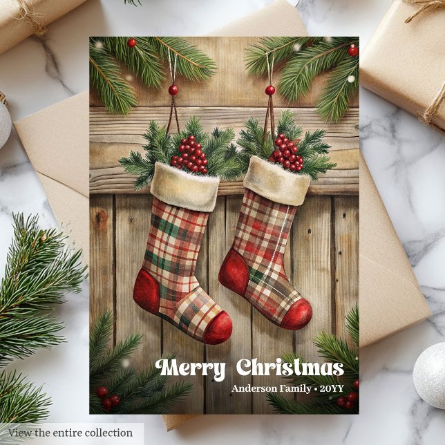 Cartão De Festividades Elegant Christmas stocking rustic holly berries (Elegant Christmas stocking rustic holly berries Holiday Card)