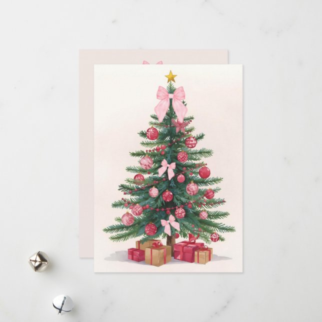 Cartão De Festividades Elegant Christmas Tree with Pink Bows Holiday Card (Frente/Verso In Situ)