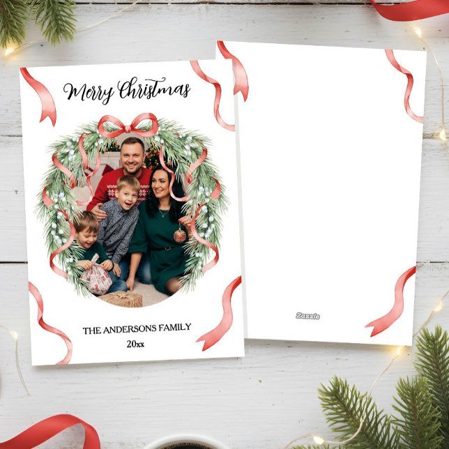 Cartão De Festividades Elegant Christmas Wreath Bow Family Photo Custom (Criador carregado)