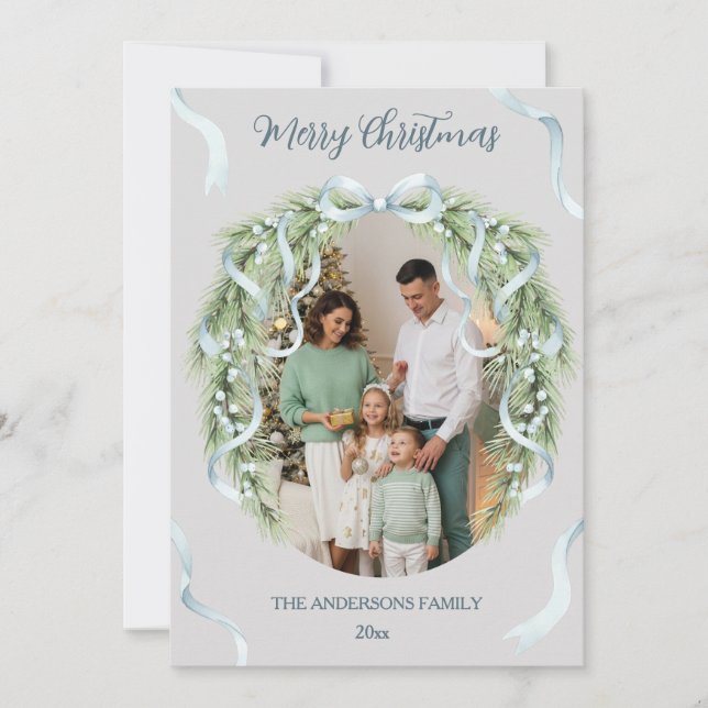 Cartão De Festividades Elegant Christmas Wreath Bow Photo Custom (Frente)