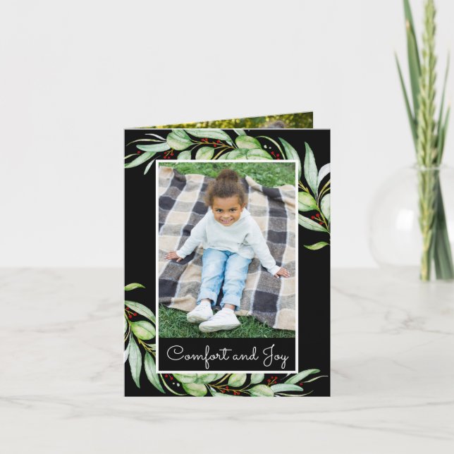 Cartão De Festividades Elegant Comfort & Joy Greenery Photo Christmas (Frente)
