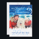 Cartão De Festividades Elegant Custom Photo Christmas Cards<br><div class="desc">Elegant custom photo Christmas cards are a beautiful way to keep your holiday greetings personal to friends and family! The design of these elegant photo Christmas cards depict a snowy forest over a rich blue watercolor background. Insert your own photo and customize the year and message both on the front...</div>