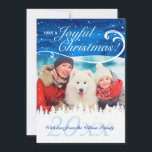 Cartão De Festividades Elegant Custom Photo Christmas Cards<br><div class="desc">Elegant custom photo Christmas cards are a beautiful way to keep your holiday greetings personal to friends and family! The design of these elegant photo Christmas cards depict a snowy forest over a rich blue watercolor background. Insert your own photo and customize the year and message both on the front...</div>